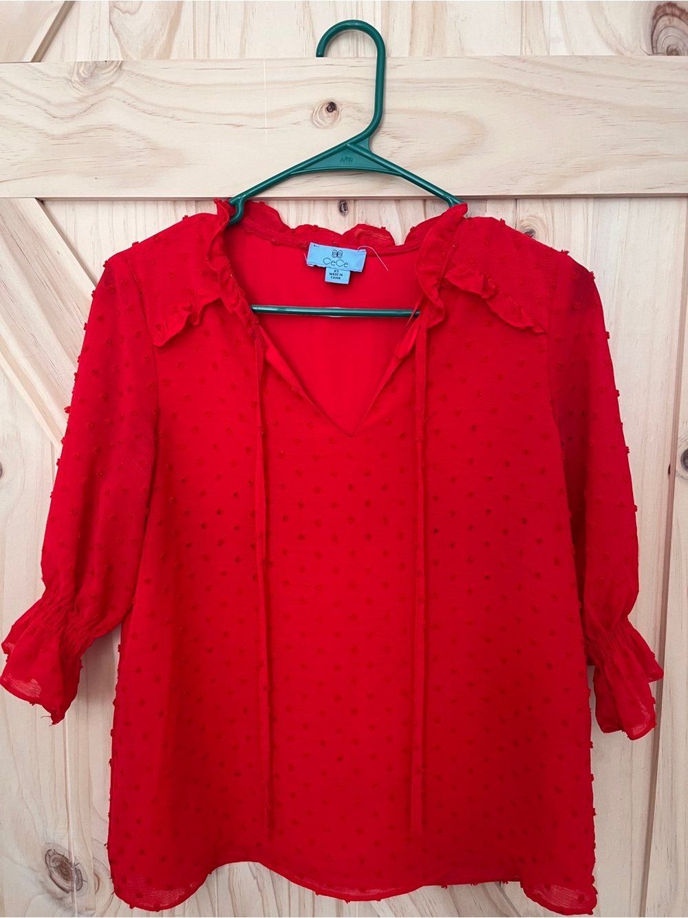CeCe Red Swiss Dot Ruffle Blouse | Women’s XS | Sheer 3/4 Sleeve Tie Neck Top